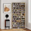 HOMCOM Rangements pour CD et DVD, étagère rangement, capacité max. 1116 CD/528 DVD, 36 compartiments et étagères réglables, pour bureau, salon, chambre, 102 x 23,5 x 195 cm, chêne image 1