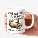 Alphynix 1pc 11oz White Mug with "Sloths and Tacos Make Me Happy" Contrast Quote & Hanging Sloth Taco Art, Relatable Escape Humor Christmas or Thanksgiving Gift image 2