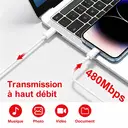 dpower F8000 - Câble USB-C vers Lightning 1m, Blanc, Charge Rapide 3A & Transfert Données 480 Mbps, Compatible iPhone 11/12/13/14 image 3