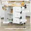 HOMCOM Kitchen Island with Drop Leaf, Rolling Kitchen Storage Trolley on Wheels with 3 Drawers, Spice Rack and Towel Rack, Storage Cart with Rubber Wood Top, White image 3