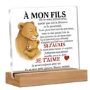 Alphynix 1 pc plaque mère-fils française, "MON FILS" cadeau en acrylique avec motif lionne et lionceau, présente des citations en lettres rouges "SI J'AVAIS...JE T'AIME" sur un socle en bois, souvenirs émotionnels de relations à distance image 0