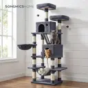 SONGMICS Arbre à chat avec 13 poteaux à griffer, 1 rampe, 2 perchoirs, 2 niches, panier, hamac, pompons, gris foncé - 168 cm image 2