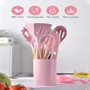 MEOKY Ensemble de 12 ustensiles de cuisine en silicone avec petit porte-objets - Rose image 2