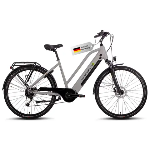 Saxonette Trapez Deluxe Sport Urban E-Bike, 250 W Mittelmotor mit 70 Nm Drehmoment, Abnehmbarer 418 Wh Lithium-Ionen-Akku, Bis zu 80 km Reichweite, 28 Zoll Aluminium Commuter E-Bike, Shimano 9-Gang, Hydraulische Scheibenbremse, Mattsilber, 45 cm Rahmen