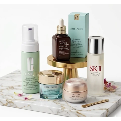 Sommer-Hautpflege-Essentials-Set – Clinique Gesichtswaschgel, SK-II Essenz, Estée Lauder Advanced Night Repair, DayWear SPF15 Creme & Shiseido Augencreme