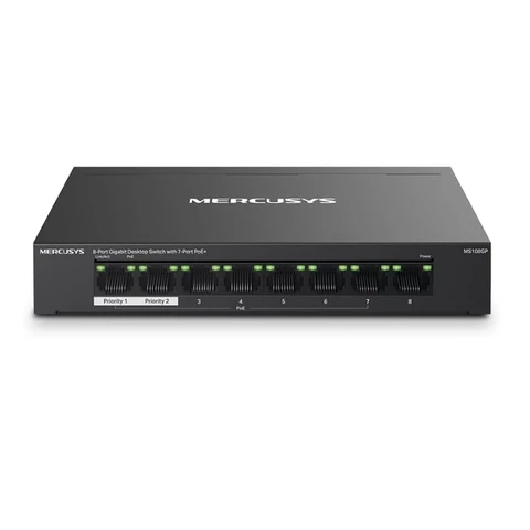 Mercusys MS108GP PoE Switch 8-Port Gigabit LAN Switch mit 7 PoE+ Ports, bis zu 30 W pro PoE-Port und 65 W für alle PoE-Ports, 802.3af/at PoE, lüfterlos, Plug-and-Play, Robustes Metallgehäuse