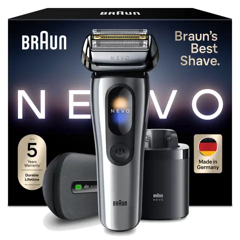 Braun NEVO Elektrorasierer mit AeroTouch-Technologie für eine Rasur ohne Kompromisse. Smart Display. Mit 7-in-1 Care System, Lade-Reiseetui, NEVO17000C, Silber