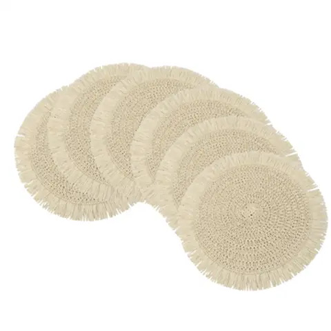 Lot de 6 set de table tressés en papier avec frange, style bohème, diamètre de 38 cm - Beige