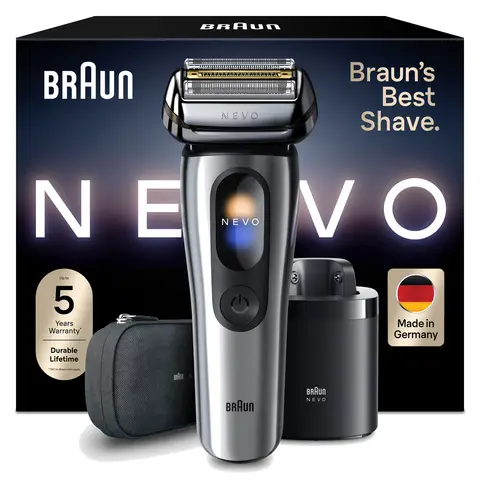 Braun NEVO Herren-Elektrorasierer mit AeroTouch-Technologiefür eine Rasur ohne Kompromisse. Smart Display. Mit 7-in-1 Care System, Reiseetui, NEVO11000C, Silber