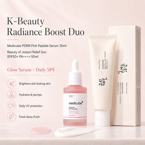K-Beauty Glow- & Sonnenschutz-Duo: Medicube Salmon-DNA PDRN Pink Peptide Serum 30 ml & Beauty of Joseon Relief Sun Rice + Probiotics SPF 50+ PA++++ 50 ml