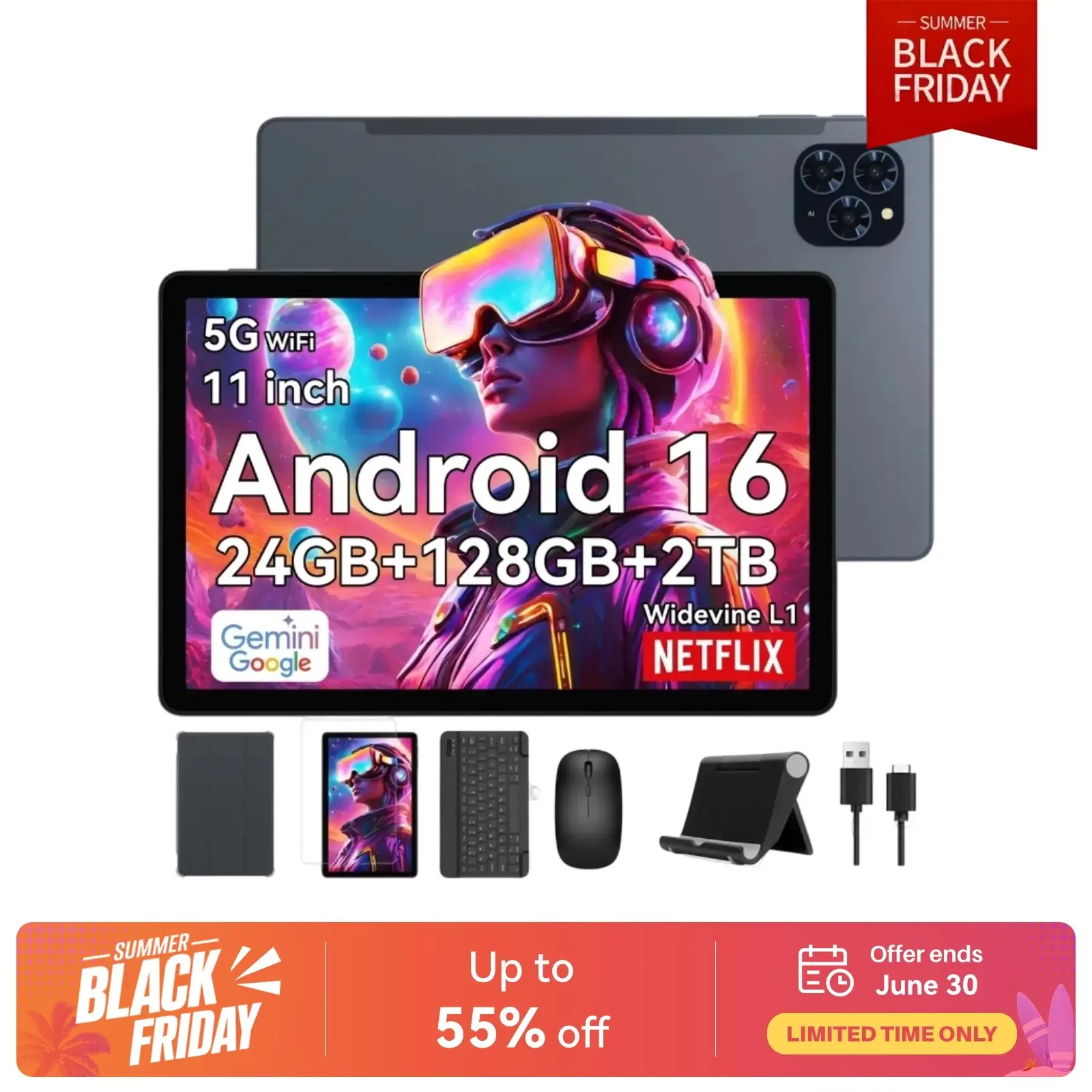 TABWEE T90 Tablet Android 16 11 inch， 24GB (8+16) RAM + 128GB ROM