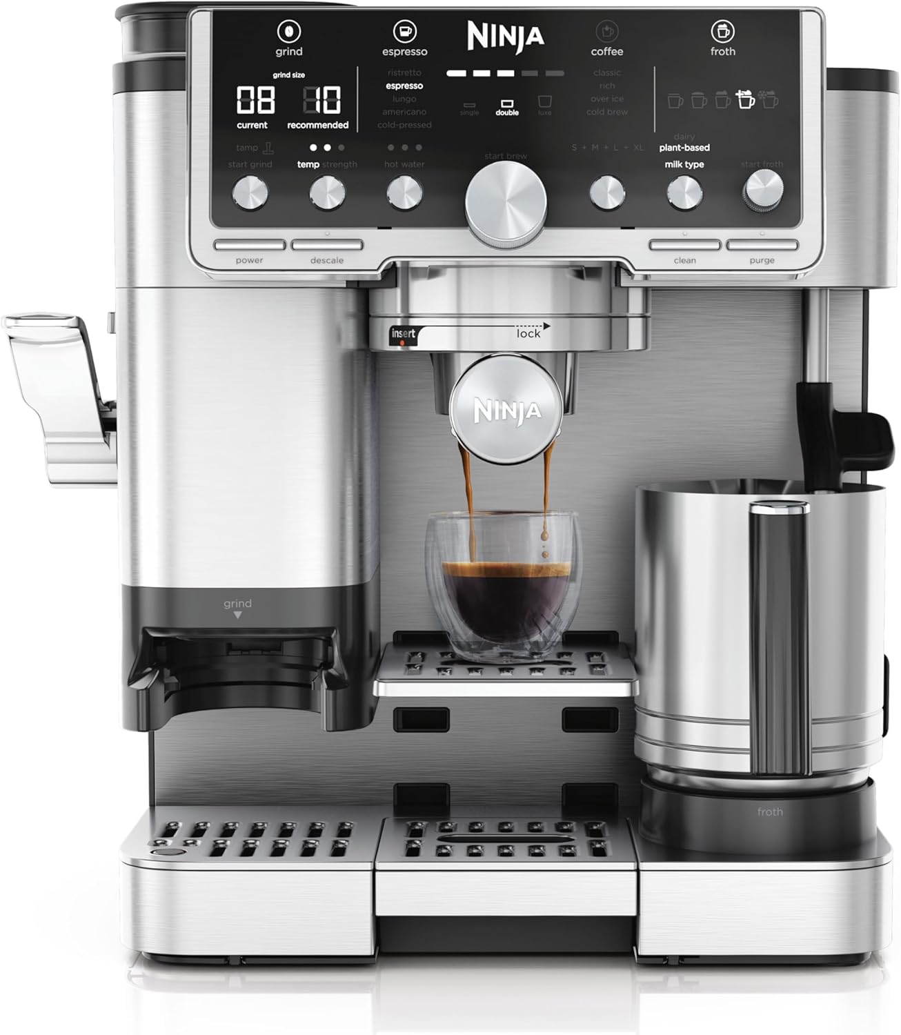 Ninja Luxe Pro 3-in-1 Kaffeemaschine mit Mahlwerk und Milchaufschäumer für Latte, Cappuccino, Cold Brew & Espresso, einfach zu bedienen, 5 Aufschäumprogramme, silber, ES701EU
