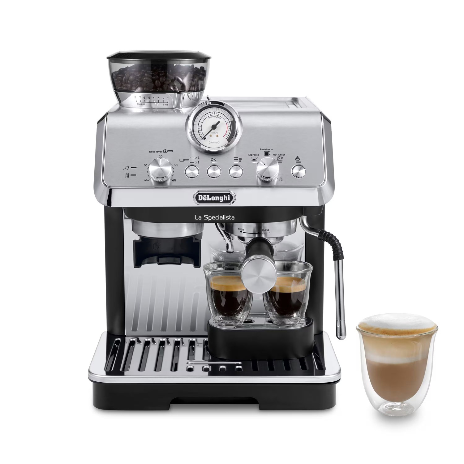 De'Longhi La Specialista Arte EC9155.MB Espresso-Maschine mit Mahlwerk, 8 Mahlstufen, voreingestellte Rezepte, 3 Temperaturen, Milchschaum-Düse, Edelstahl/schwarz, 1,7 l Tank, Weiß mit Barista-Kit