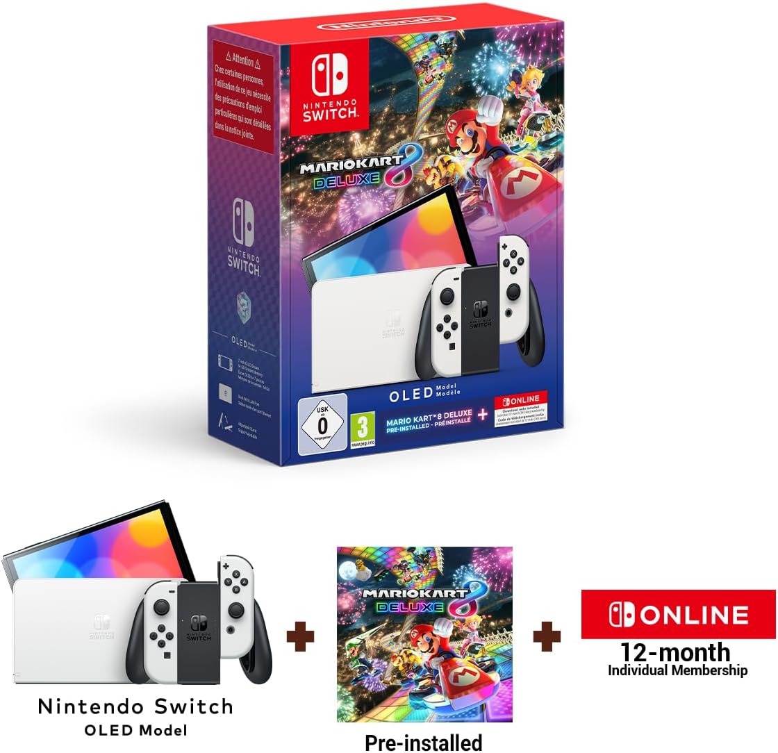 Nintendo Switch OLED Model - Mario Kart 8 Deluxe + 12-Month Online Membership – White