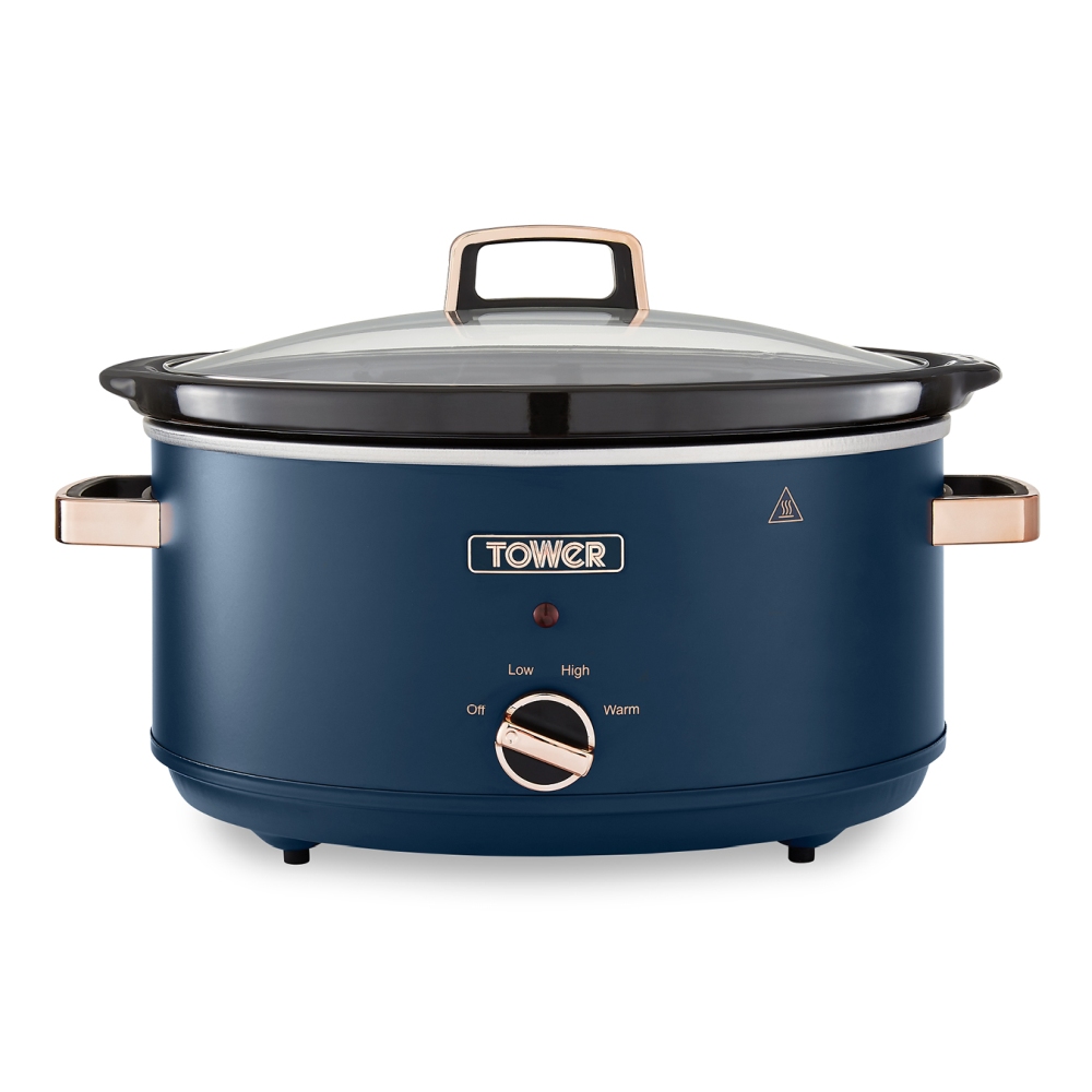 Tower T16043MNB Cavaletto 6.5 Litre Slow Cooker with 3 Heat Settings, Removable Crockpot and Cool Touch Handles, Midnight Blue and Rose Gold