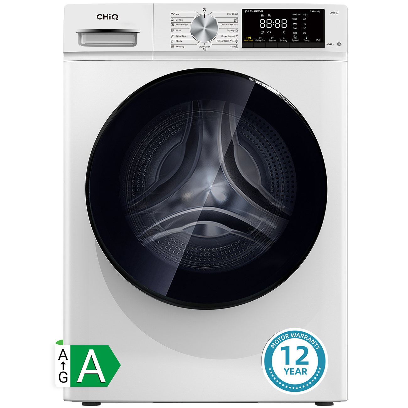 CHiQ JDFL8514M3XWA(U), 8KG Front Load Inventer Wash-Dryer, Space Pro, Counter Depth, Large Drum, Stable Inverter Motor, 1400rmp, Steam Function, Aqua-Stop, EEC A/D, Drum Light, White