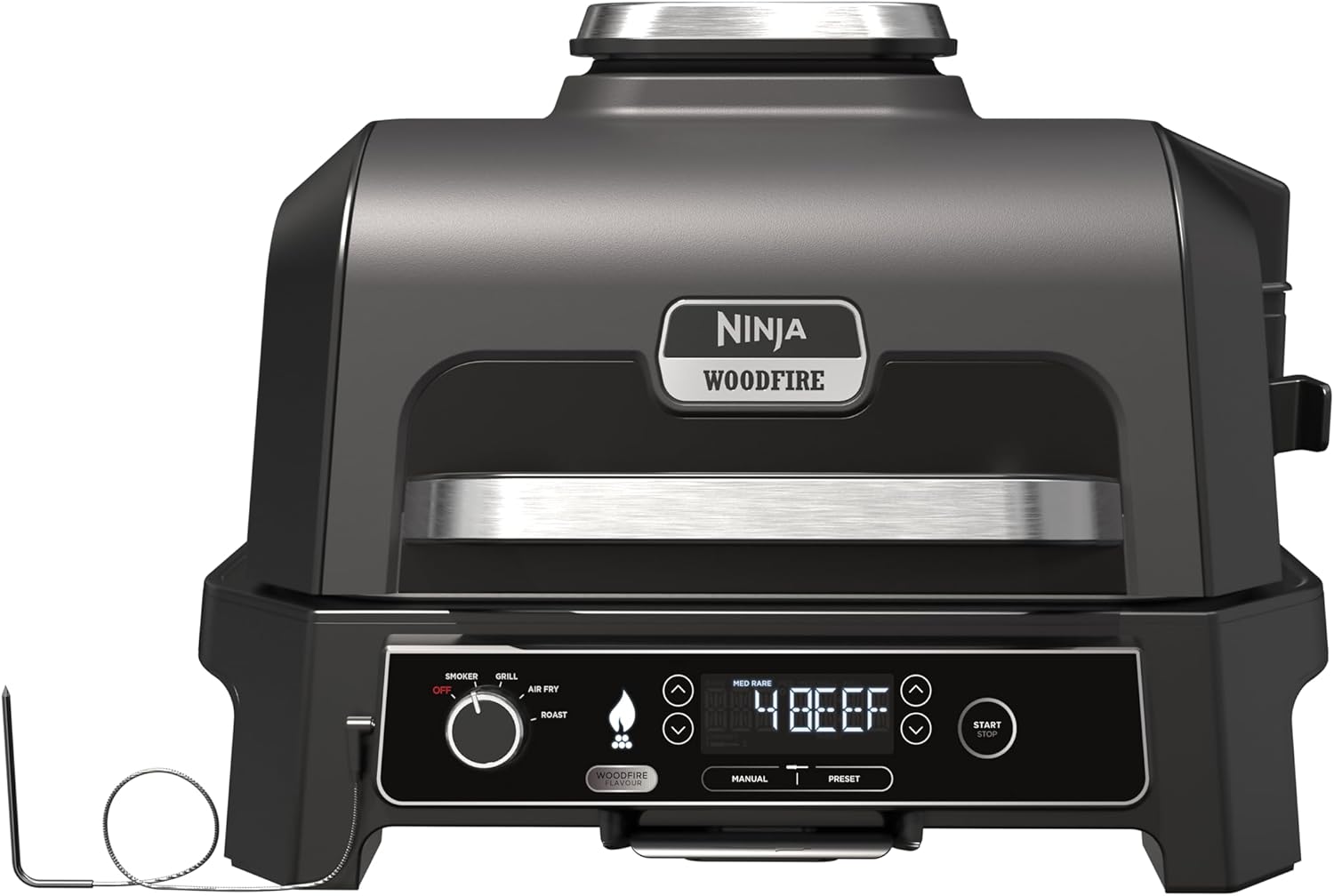 Ninja Woodfire Pro XL Elektrogrill, großer 4-in-1-Außengrill mit Smoker & Heißluftfritteuse, Smart Cook-System & integriertem Thermometer, Holzfeuer-Pellets, wetterfest, tragbar, Grau/Schwarz