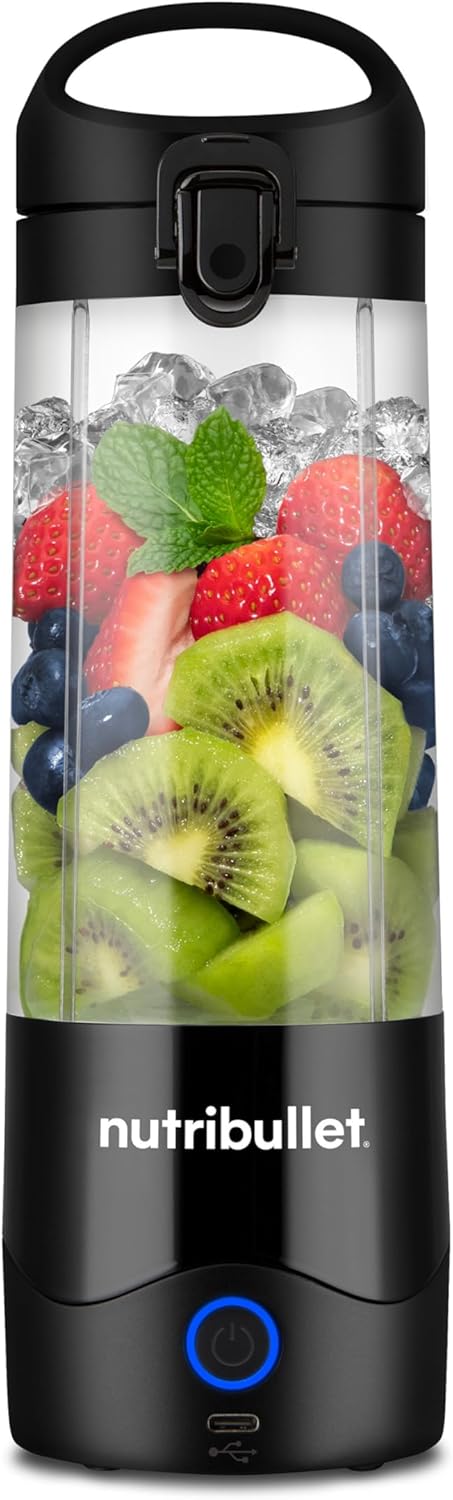 nutribullet® Portable, tragbarer Smoothie Mixer, 475 ml BPA-freier Tritan-Becher, wiederaufladbar für 15+ Mixvorgänge, Mini-Blender mit 4-Punkt-Edelstahlklinge, multifunktionaler Mixer, USB-C-Ladekabel, 15+ Mischvorgänge, NBP003B