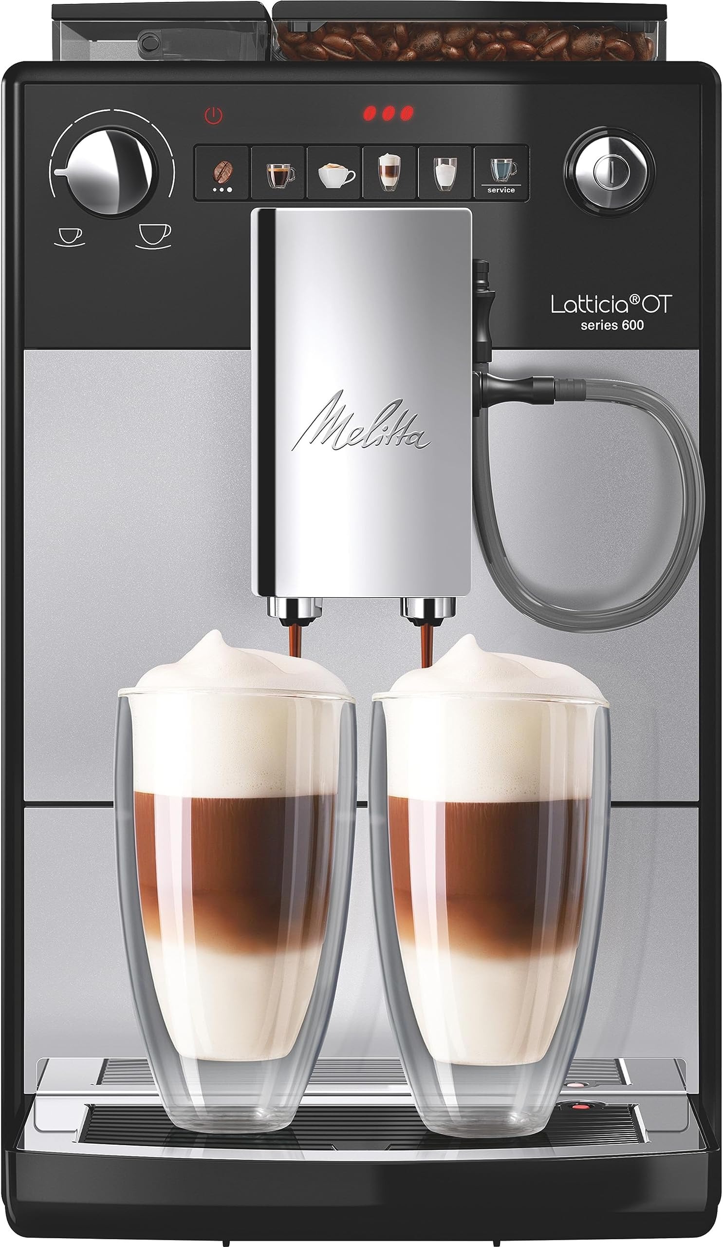 Melitta Latticia OT F300-101 Vollautomatische Kaffeemaschine mit Latteperfection Milchsystem, Flüsterleisem Mahlwerk, One-Touch-Funktion und XL-Wassertank und -Bohnenbehälter, 1,5 L, Silber/Schwarz