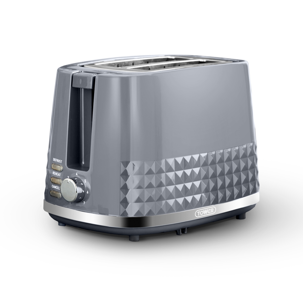Tower T20082GRY Solitaire 2 Slice Toaster Black Chrome Accents, 850W, Grey