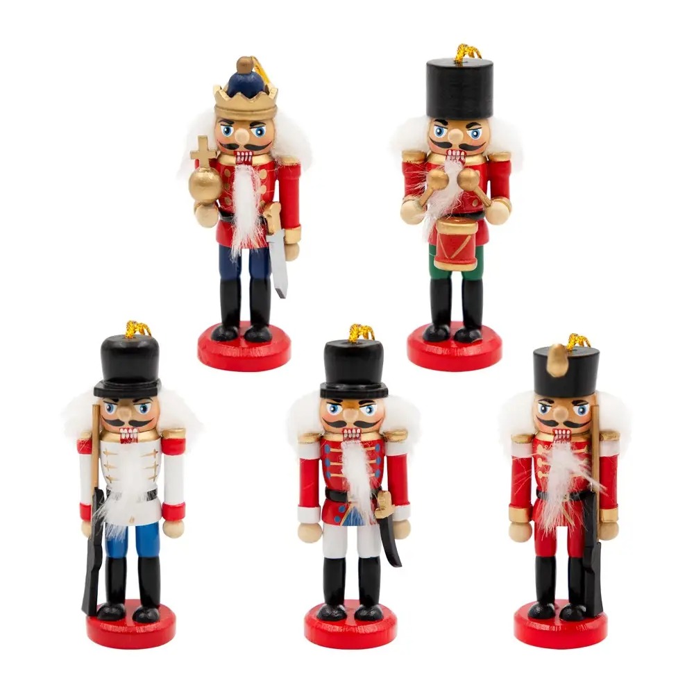 Christmas Workshop Hanging Wooden Nutcracker Ornaments Red 5 Pieces