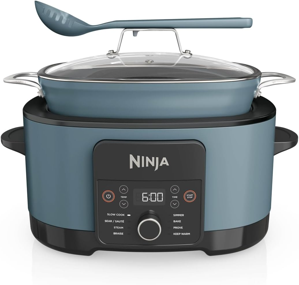 Ninja Foodi PossibleCooker (8 l), 8-in-1 Digital-Multikocher & Slow Cooker mit Topf, Dampfgar-Einsatz, Löffel & Glasdeckel, Slow Cooking, Dämpfen, Anbraten, Backen, 8 Portionen, Sea Salt Grey, MC1001EU