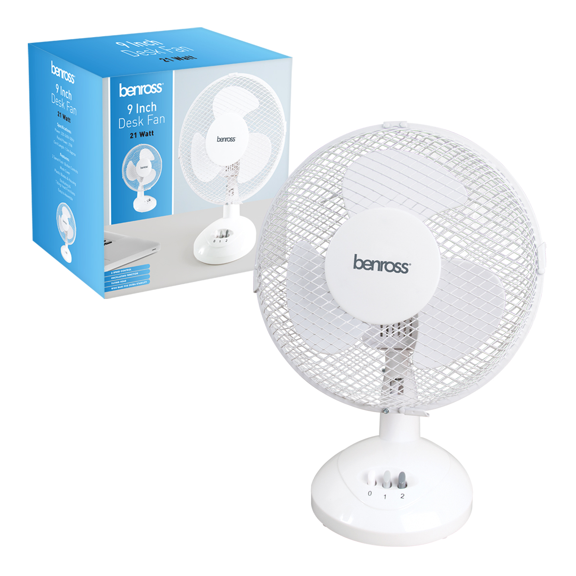 Benross 9" Desk Fan - White, Speed, Dial, Control, Airflow, Cooling, Versatile – 43910