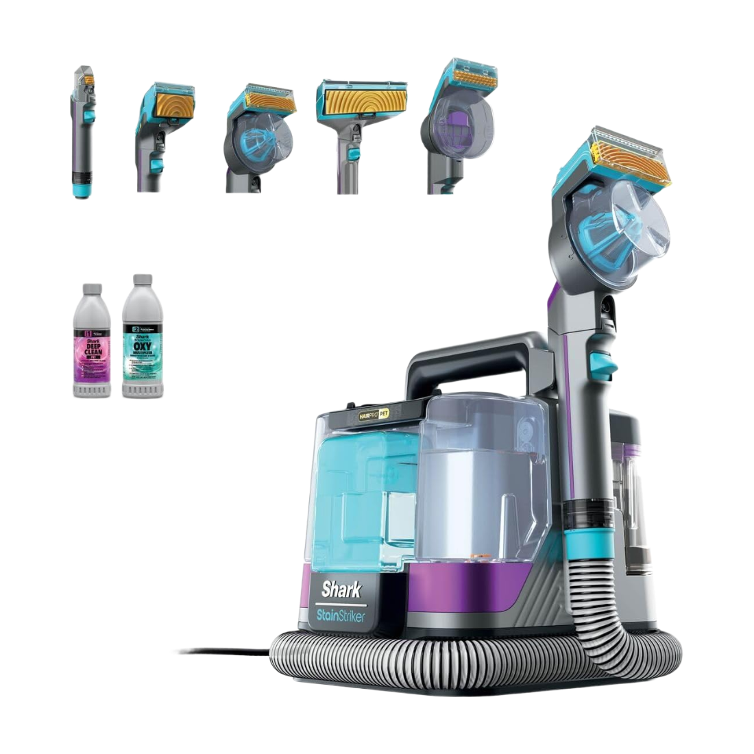 Shark StainStriker HairPro Tierfleckenentferner, 450 W Saugleistung, Anti-Verstopfungs-Tierhaarextraktor, entfernt hartnäckige Flecken & Gerüche, leicht & tragbar, inkl. 4 Aufsätze und 2 Reinigungslösungen PX250EUT