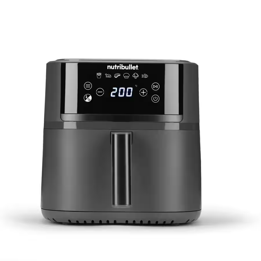 nutribullet CrispLite 6L Heißluftfritteuse NBA0611DG, Heißluftfritteuse mit 6L Kapazität, Temperaturregelung von 80-200°C, PFAS-frei, 6 Voreinstellungen, Touch-Bedienung, spülmaschinenfest, 1700W, matt schwarz