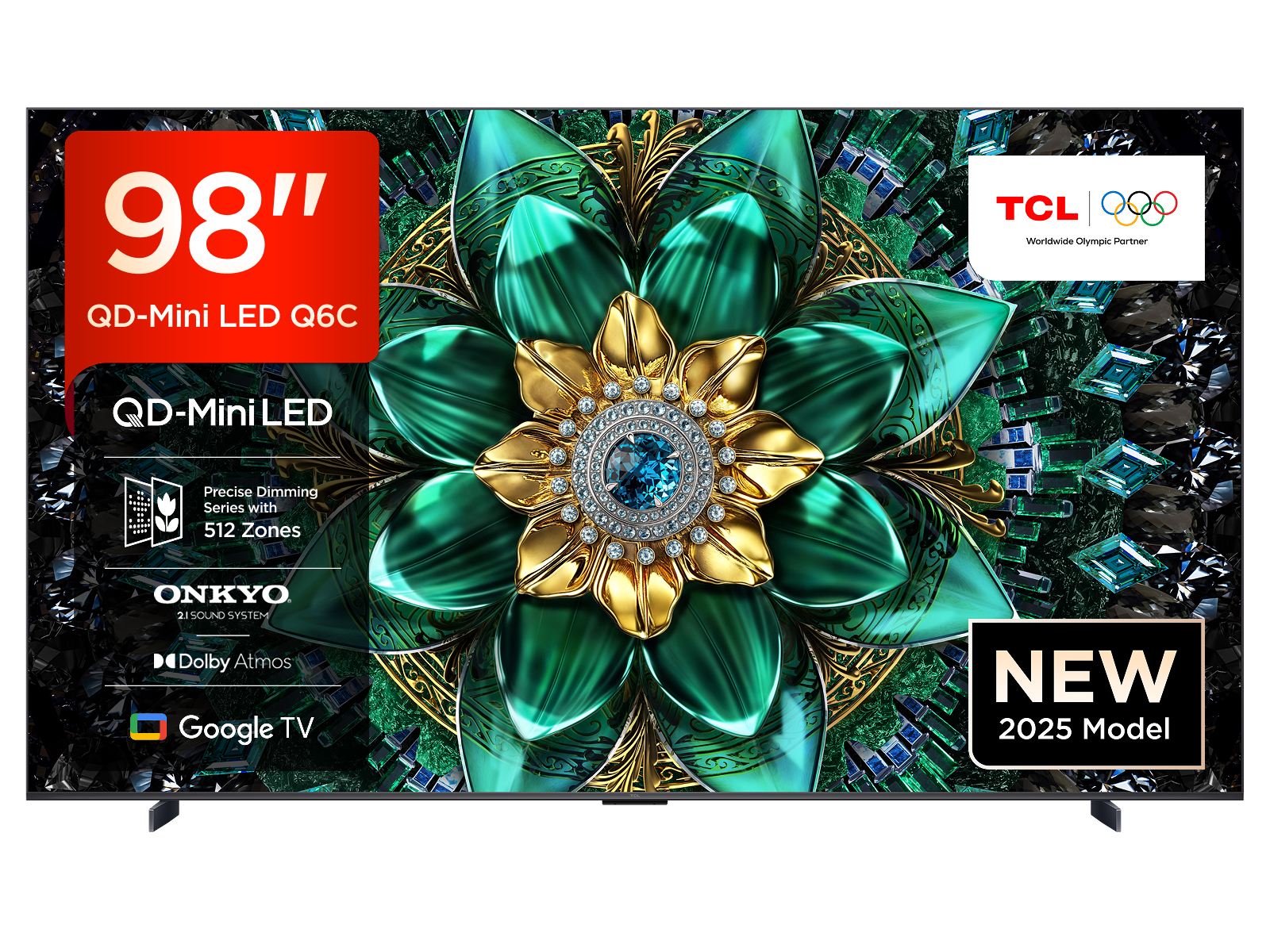 TCL 98Q6C QLED Mini LED Fernseher, 98 Zoll, 4K HDR Premium, Dolby Vision IQ & Atmos, Onkyo 2.1 Sound, Google TV, Smart TV, Game Master, 144 Hz, FreeSync Premium Pro, HDMI 2.1, AirPlay 2, Alexa & Google Assistant