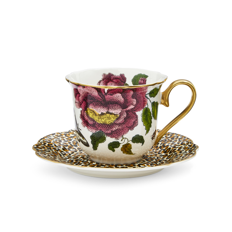 Spode Creatures of Curiosity Fluted Tea Cup and Saucer - White/Leopard