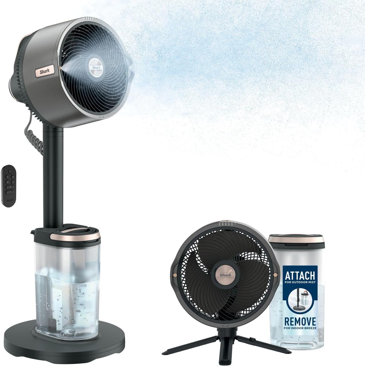 Shark FlexBreeze Pro Mist Akku-Ventilator für Innen- und Außenbereich mit Sprühsystem, tragbarer Wassertank, 20 m, Boden- & Tischventilator, 5 Geschwindigkeitsstufen, leise, Fernbedienung, anthrazit FA300EU