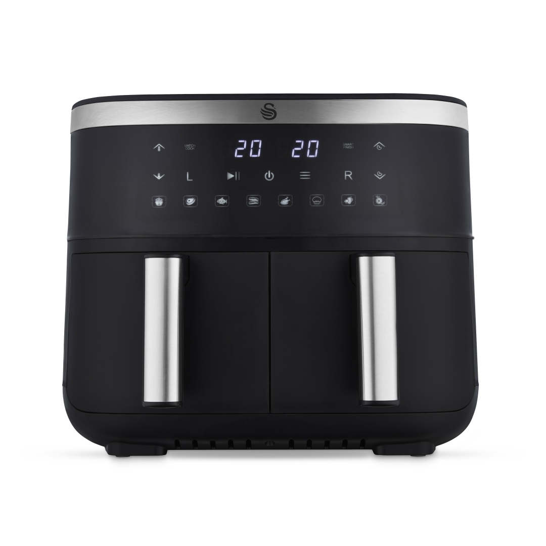 Swan SD10518BLK Dual Basket Digital Air Fryer with Swan Cyclone Technology, 8 Pre-Set Cooking Options, Adjustable Temperature, 7.6L, 2850W, Black