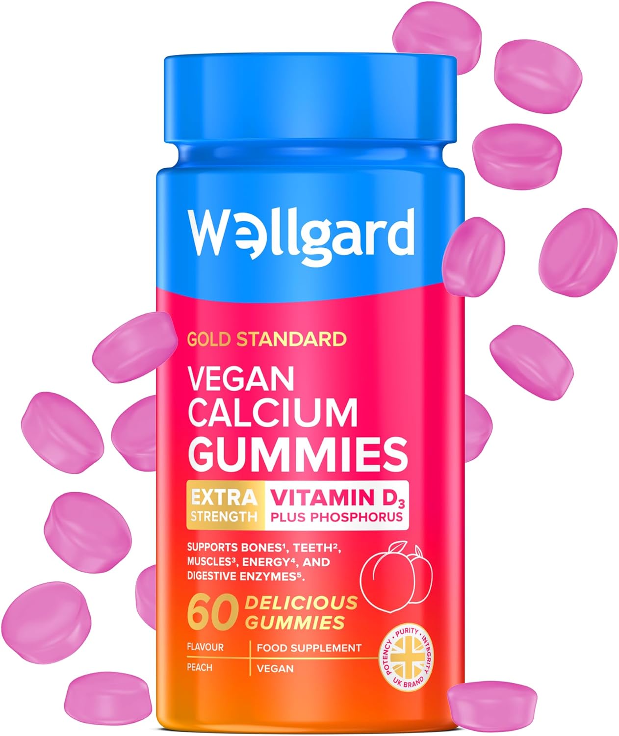 Wellgard Vegan Calcium & Vitamin D3 Gummies Peach Flavour - 60 Vegan Gummies