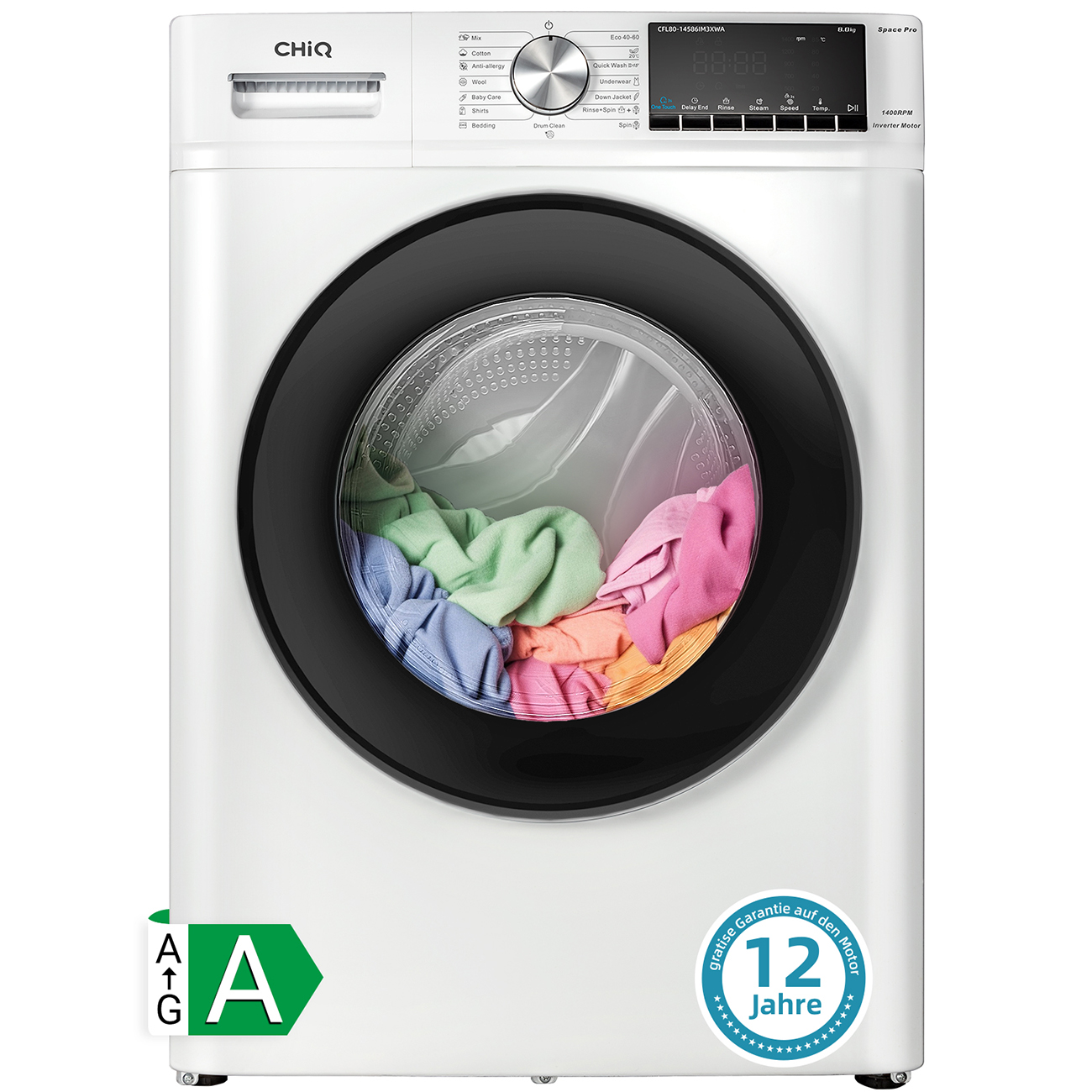CHiQ CFL80-14586IM3XA, Frontlader-Waschmaschine 8 kg, Space Pro, normale Arbeitsplattentiefe, große Trommel, stabiler Inverter-Motor, 1400 U/min, KI-Smart-Programm, Dampffunktion, 15-Minuten-Schnellwaschgang, 16 Waschprogramme, energieeffizient, Grau [Energieklasse A]