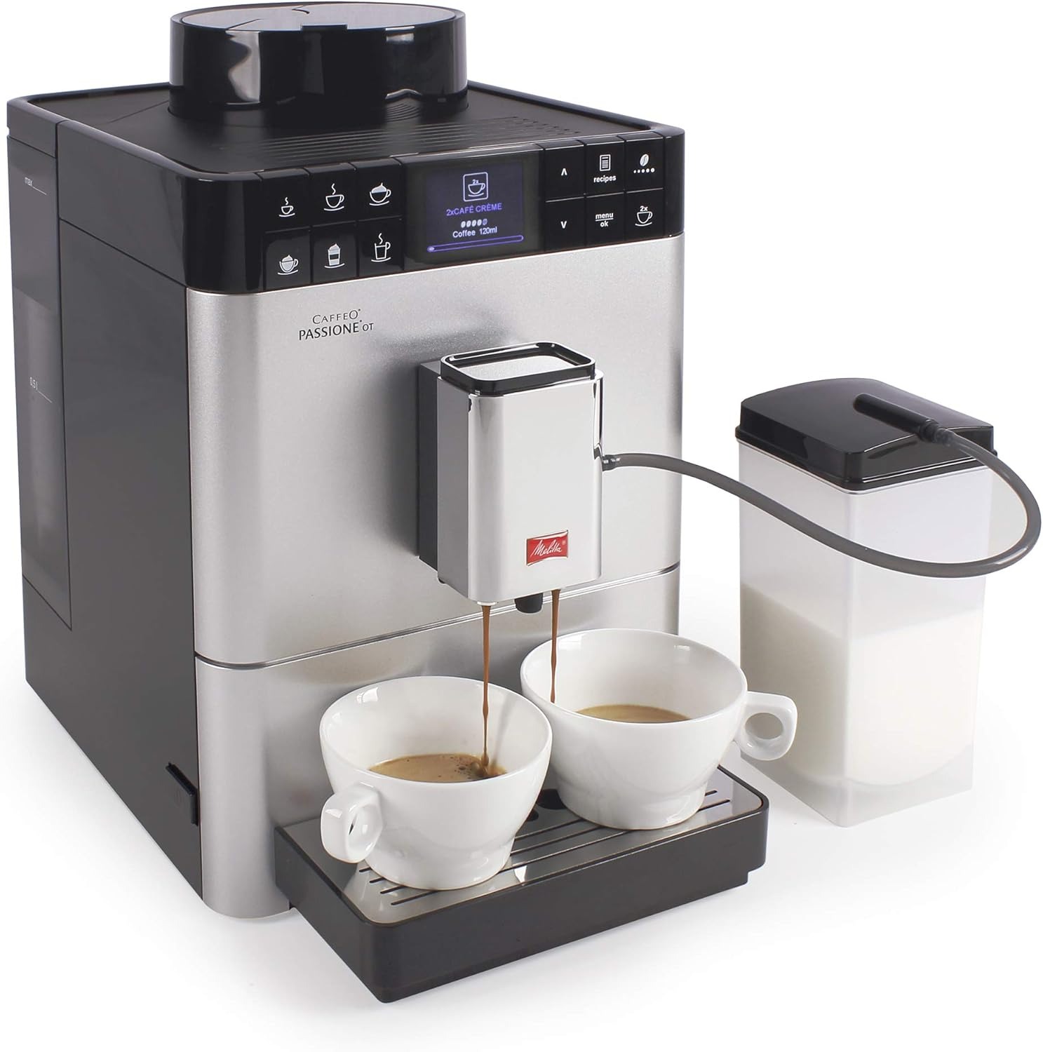 Melitta Caffeo Passione OT F531-101 Vollautomatische Kaffeemaschine mit Milchbehälter, One-Touch-Funktion, Silber