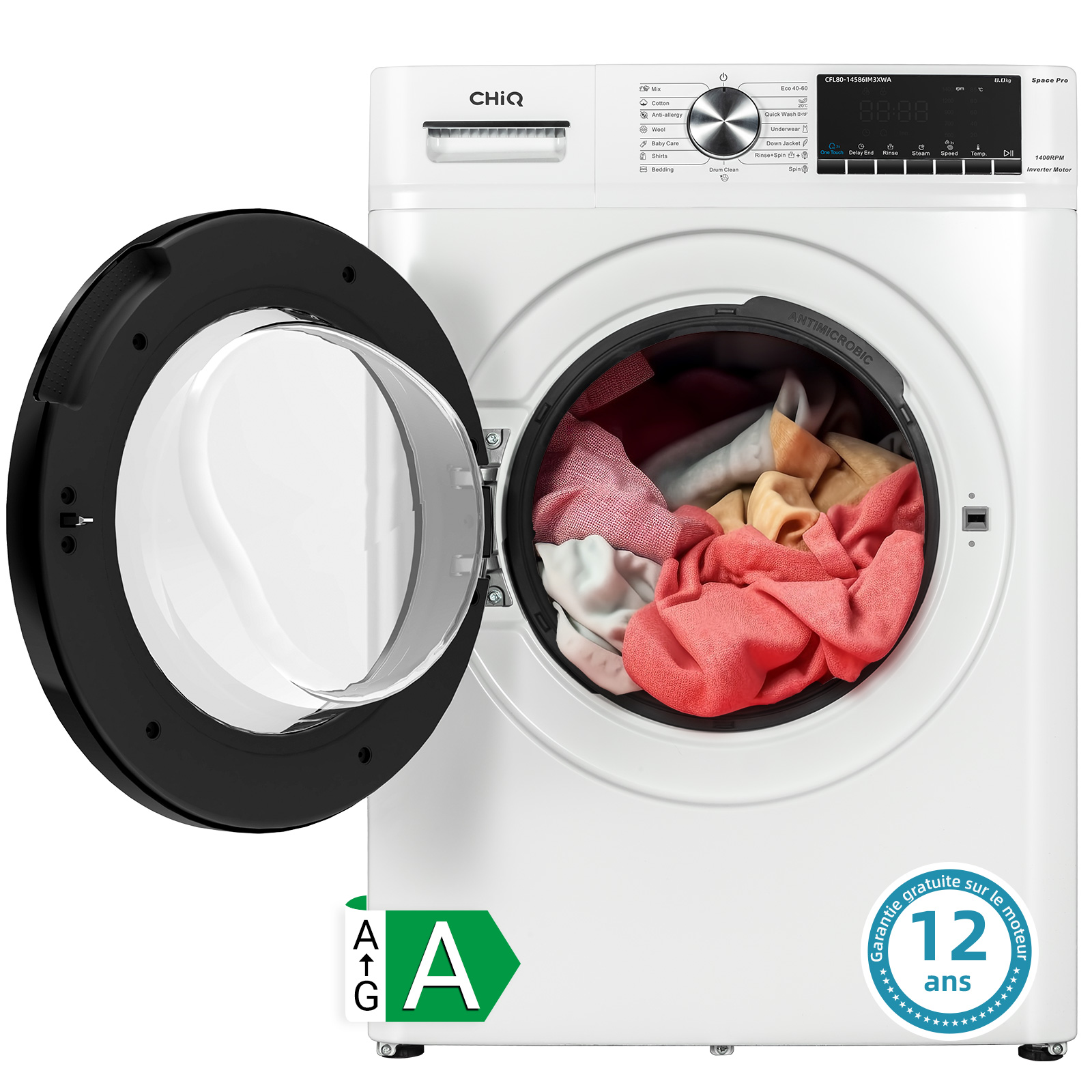 CHiQ Lave-linge CFL80-14586IM3XWA, Chargement frontal 8 kg,Space Pro,Moteur Inverter stable,1400 tr/min, Programme intelligent à IA, Fonction vapeur, Lavage rapide 15 minutes, 15 cycles lavage, Blanc [Classe énergétique A]