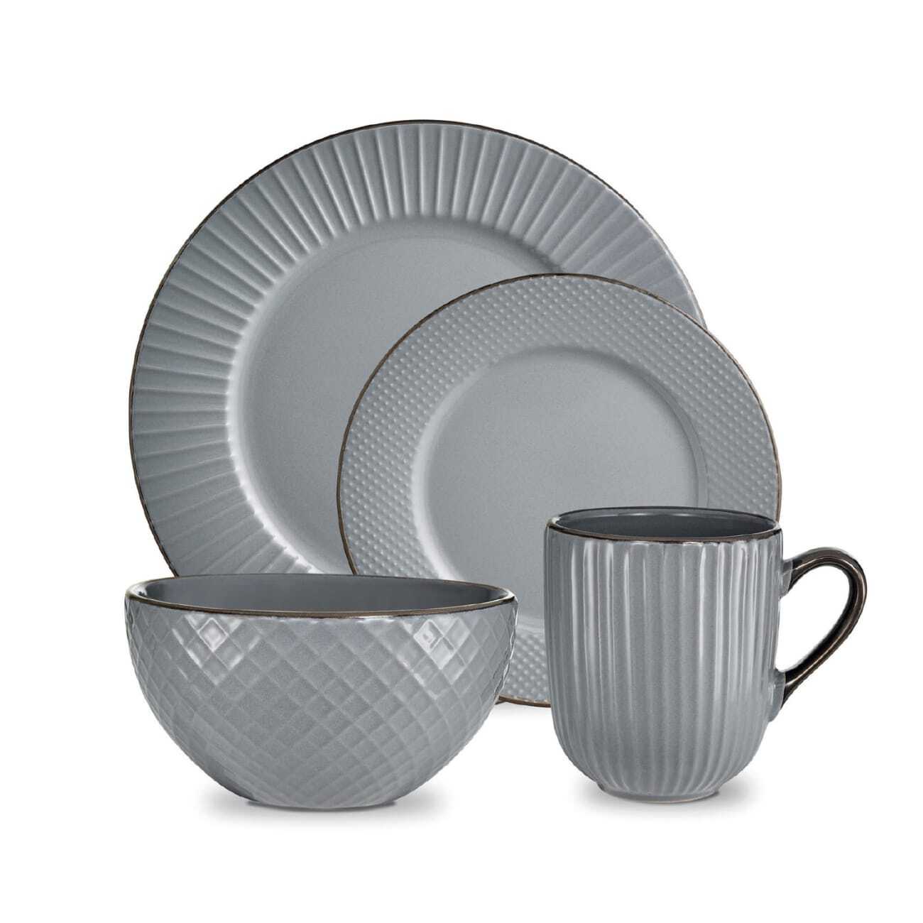 Tower Empire 16 Piece Dinnerware Set, Grey & Brass