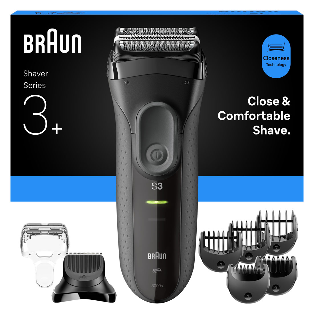 Braun Series 3+ Electric Shaver, 3 Flexible Blades, Efficiency MicroComb, Beard Trimmer Attachment, +5 Combs, Dry Razor for Men, Made in Germany, 3000BT, Grey