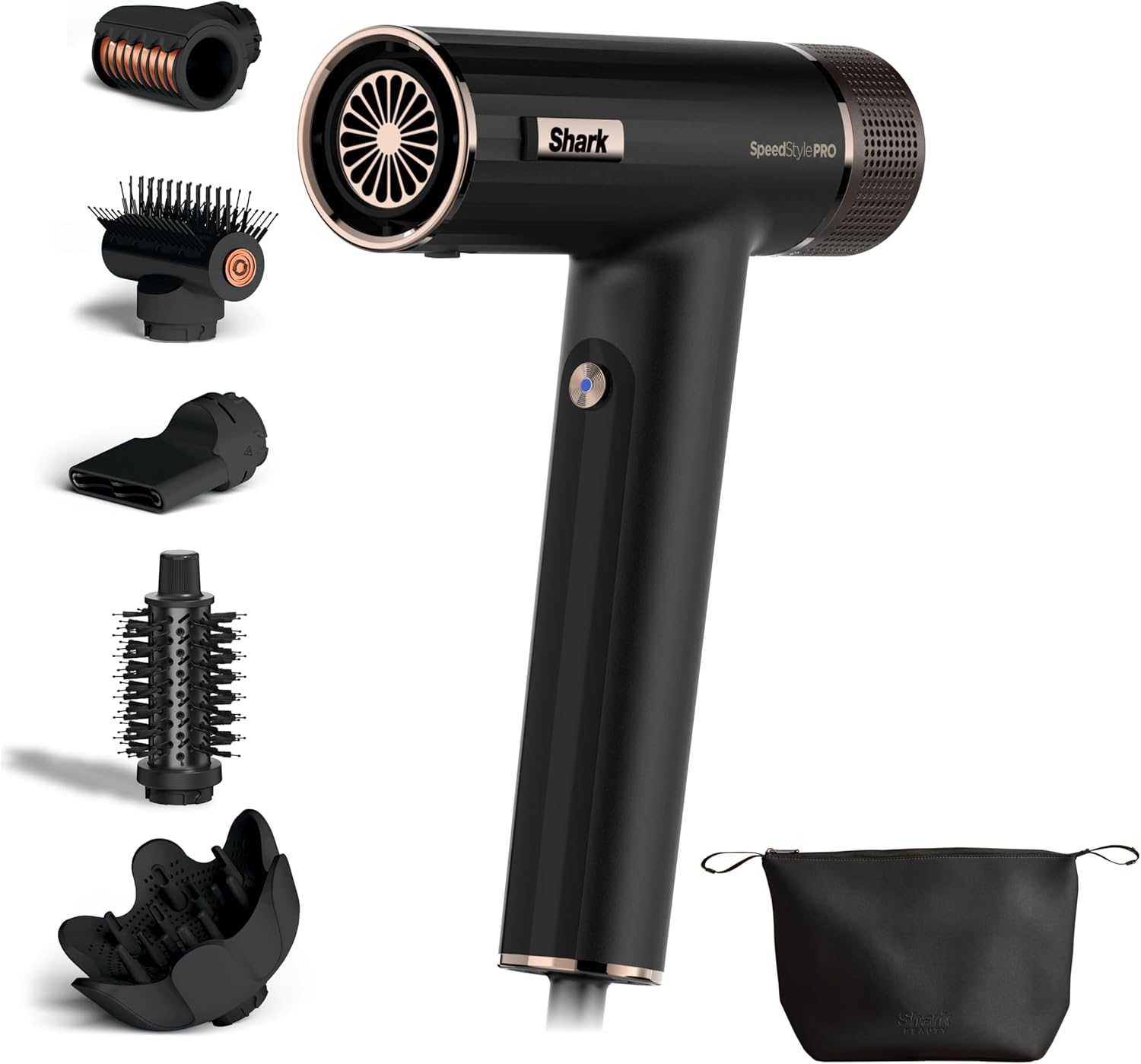 Shark SpeedStyle Pro Haartrockner, Hohe Leistung & Power für alle Haartypen mit Kopfhautschutz und 5 Aufsätzen, Leicht, Keine Hitzeschäden, Klappgriff, Aufbewahrungstasche, Schwarz HD752EU