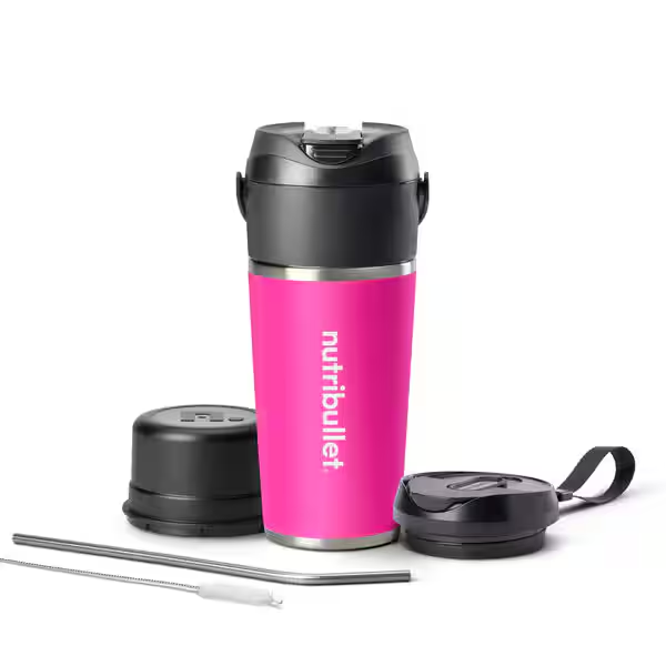 nutribullet®  Flip NBP016BP, tragbarer Mixer mit isoliertem Edelstahl Thermobecher (590 ml), wiederaufladbar für 14+ Mixvorgänge, hält Getränke 24 Stunden kalt, Eiscrusher, 2-in-1 Mini Mixer to-go, USB-C-Ladefunktion, Magenta Pink