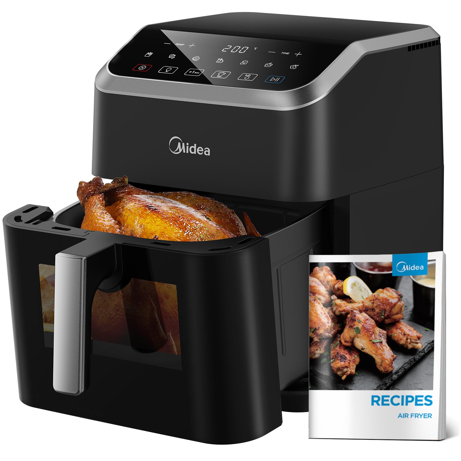 Midea Air Fryer with Visible Window 5L, HeatXpress Rapid Air Technology, 90% Less Oil, Energy Saving, 7-In-1 Presets, Non-Stick, Dishwasher Safe, Digital Display, +1 Minute Button,1600W Power