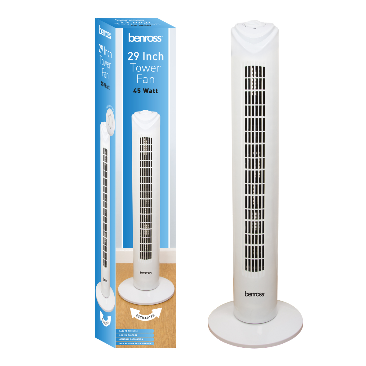 Benross 29" Tower Fan, 3 Speed Control, Oscillation, Space, Cooling, Breeze – 43940