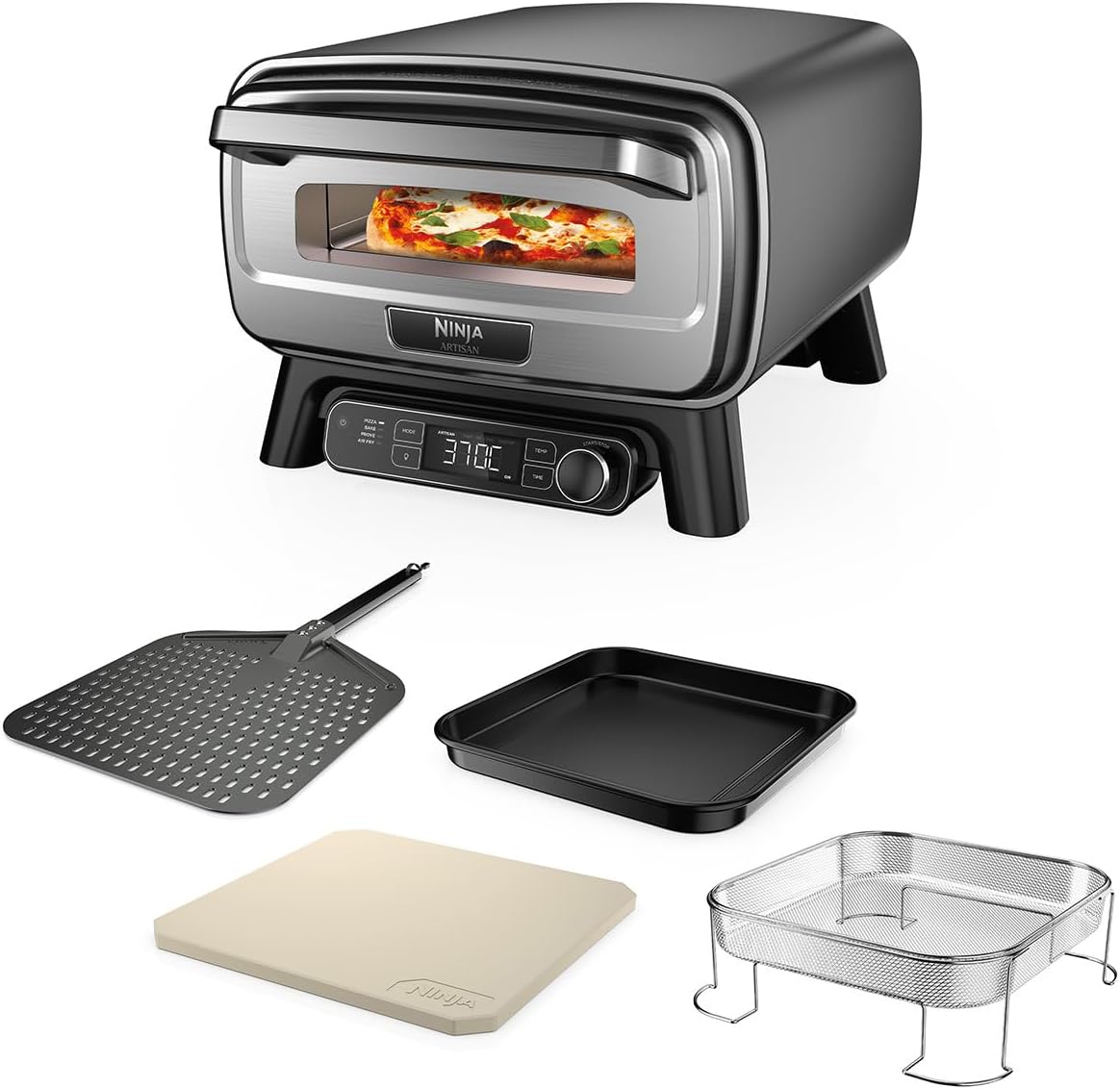 Ninja Artisan Outdoor Pizzaofen und Heißluftfritteuse, 4 Funktionen: Pizza, Air Fry, Backen, Gehen, 5 Pizzaeinstellungen, mit 30 cm Pizzastein, Pizzablech, Backblech, Frittierkorb, grau MO201EU [Energieklasse A]
