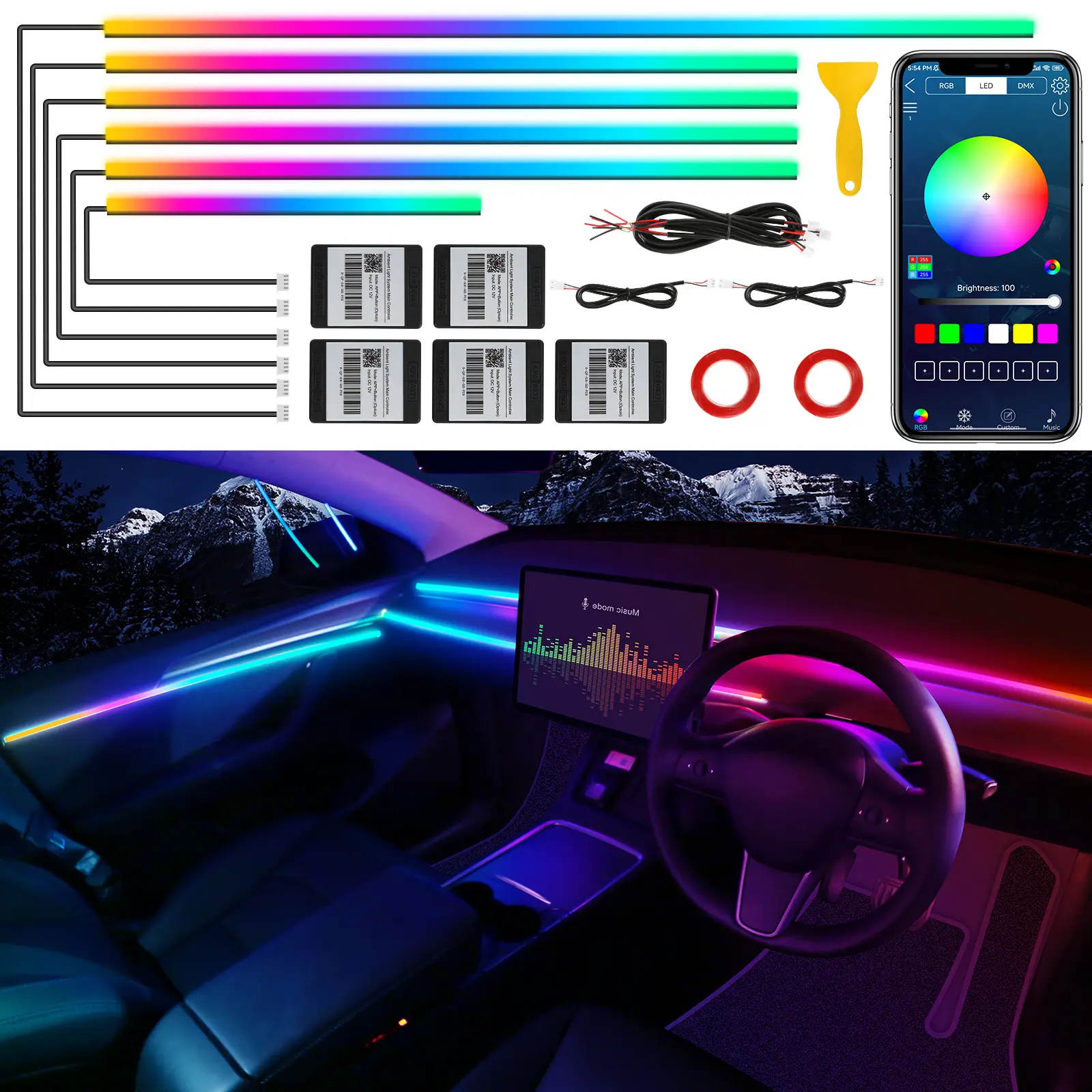 LED Interieurverlichting Auto – 593 Leds, RGBIC, 16 Miljoen Kleuren – Muzieksynchronisatie – 6 Stuks, Met Acryllenzen – USB