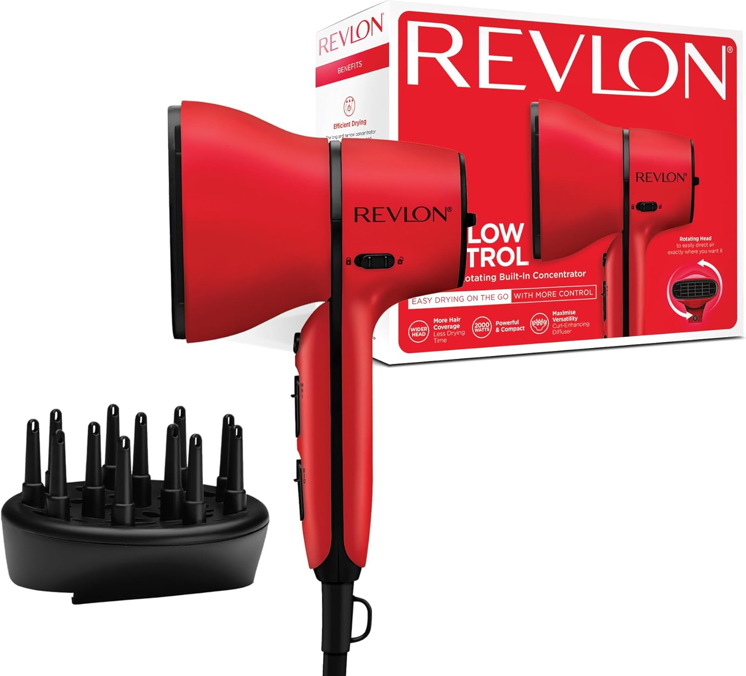 Revlon Haartrockner mit Luftstromkontrolle || Kompakter Haartrockner mit integriertem Konzentratordüse und lockenverstärkendem Diffusor, 2000W || RVDR5320