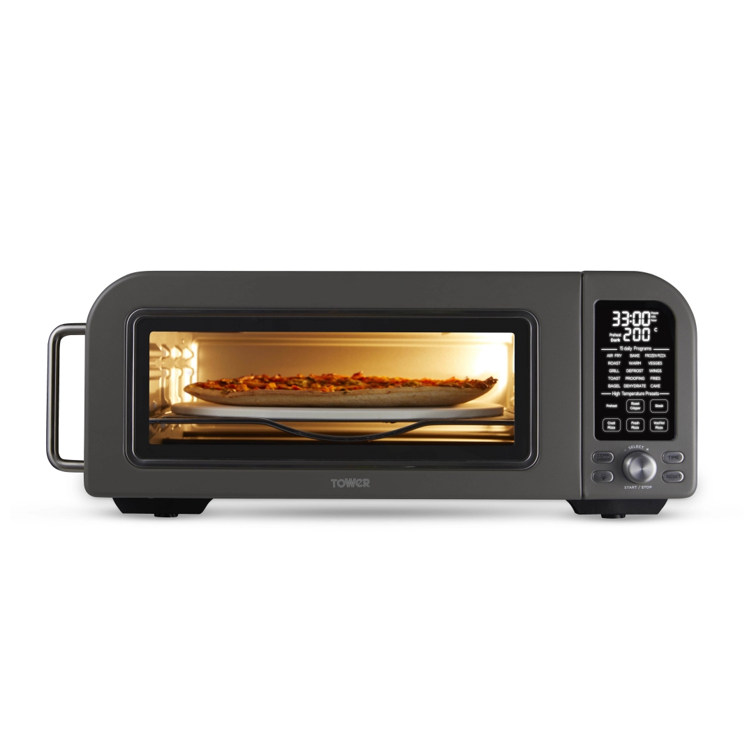 Tower T17141 Elite Pizza Oven with 5 High Temperature Programs, 15 Cooking Functions, Turbo Crisper, 18L, 2000W, Grey & Chrome