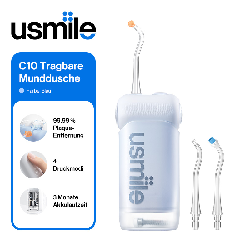 usmile C10 Tragbare Munddusche, reisetauglich, bis zu 95 Tage Akkulaufzeit, 4 Modi, 360°-Düse, 180-ml-Wassertank, IPX7 wasserdicht, von Zahnärzten empfohlen für Zahnspangen, Implantate und empfindliches Zahnfleisch