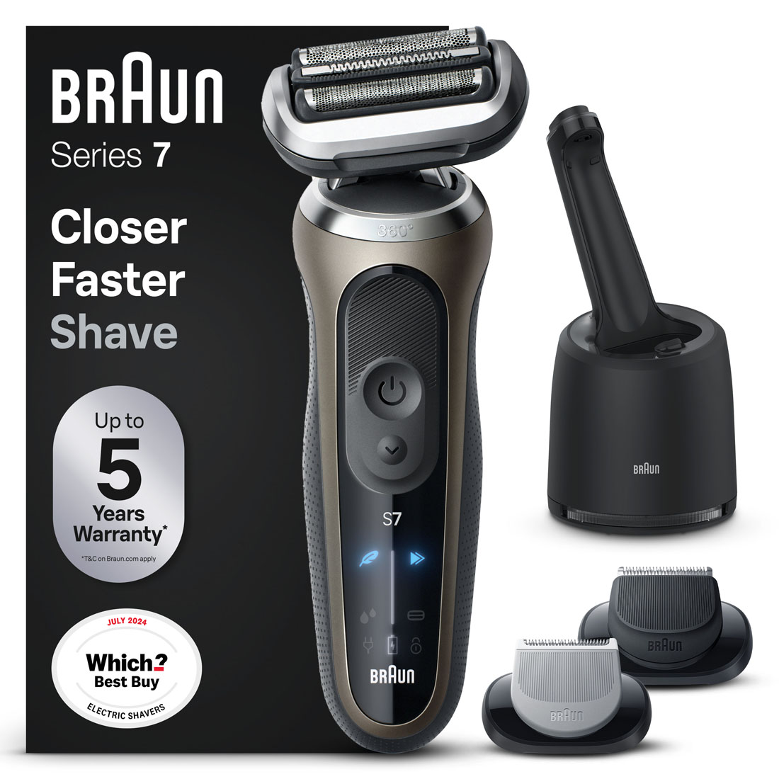 Braun Electric Shaver, Series 7, With SmartCare Center, EasyClick Attachments, 72-C7650cc, Gold