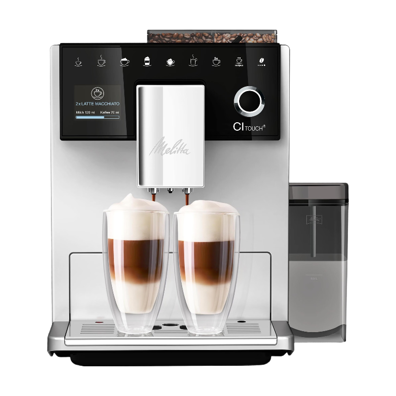 Melitta CI Touch Kaffeevollautomat mit Milchsystem, Kaffeemaschine mit integriertem Mahlwerk und Milchaufschäumer für Espresso oder Cappuccino, Silber